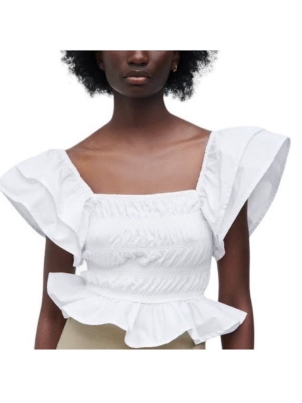 Zara Poplin White Smocked Top Puff Ruffled Sleeves Crop Ruffles Size Small